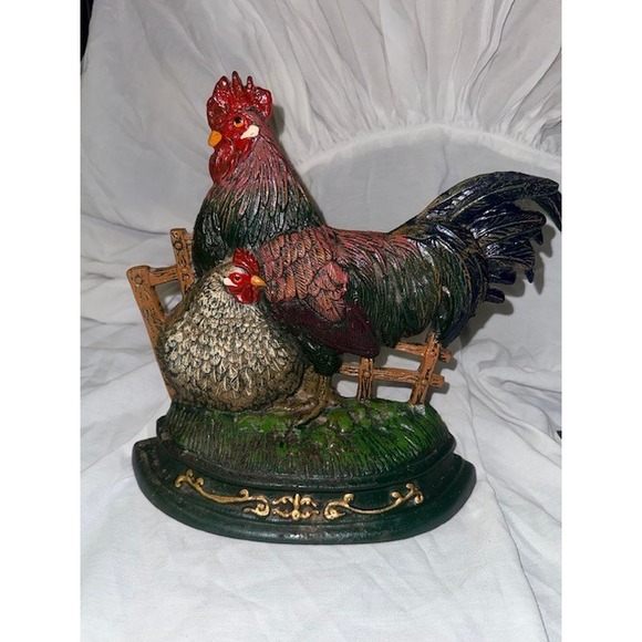 Rooster and Hen Farmhouse Decor Chicken Cast Iron Door Stop - Picture 1 of 5